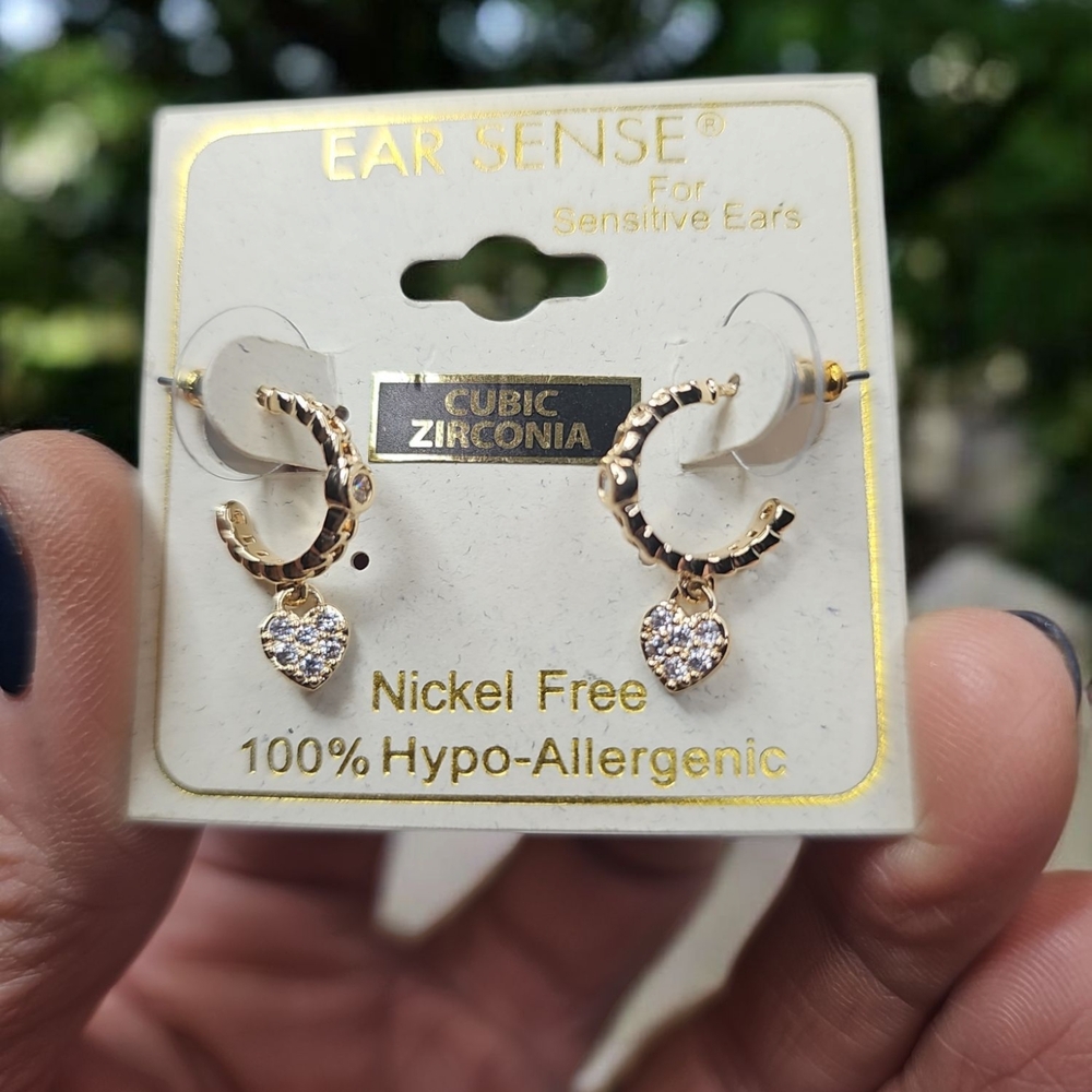 Gold Hypo-Allergenic Earrings with CZ Heart Dangle